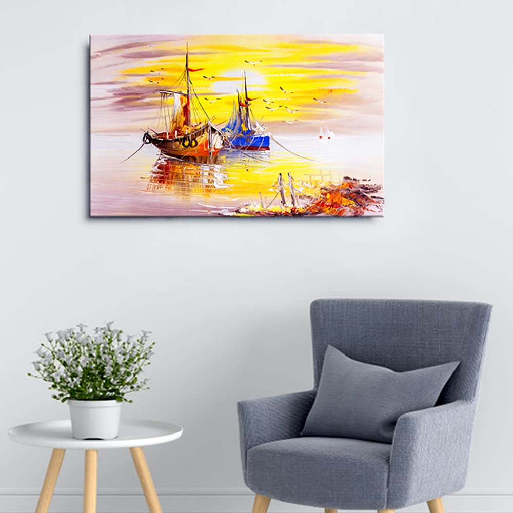 999Store Wooden Stretched Framed Painting Wall Decor Paintings With Frame Seascape With Boats Wall Frames Canvas Modern Stylish 