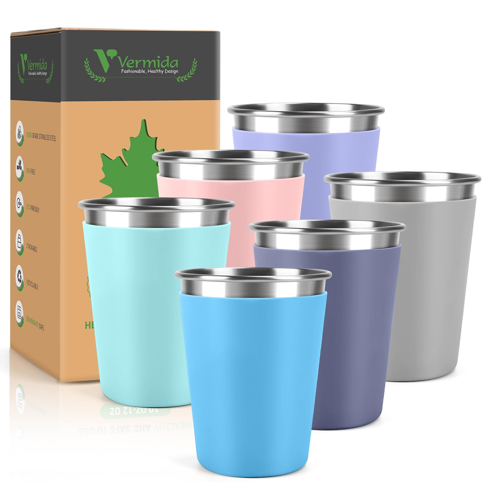 Vermida 12oz Stainless Steel Cups for Kids and Toddlers Unbreakable, 6 Pack
