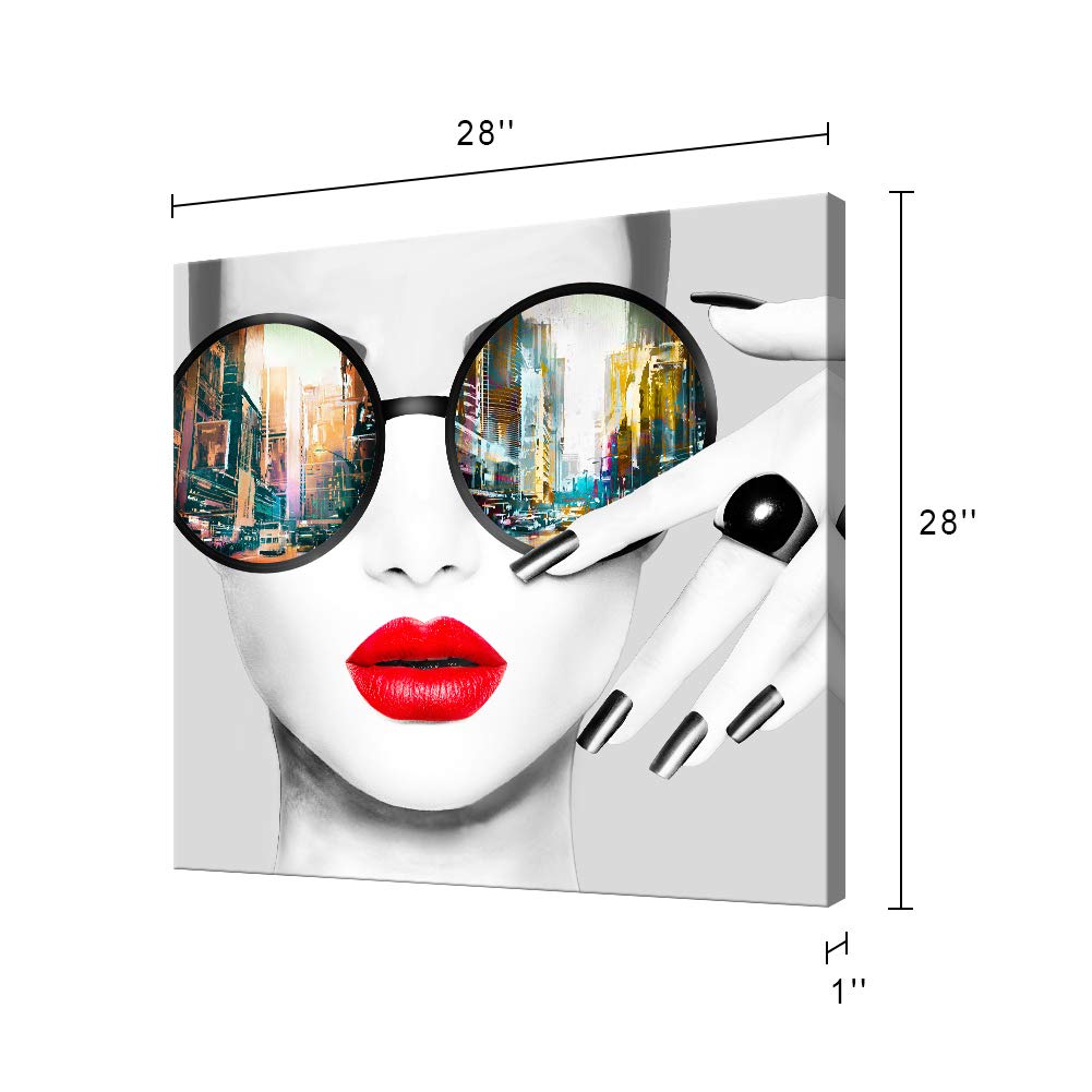 Contemporary Wall Art Modern Fashion Women with Red Lip Canvas Print Stylish Feminine Wall Art Painting Framed Cityscape Piture Ready to Hang for Home Decoration (28x28inch)