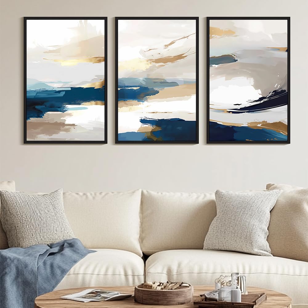 Kuvioke Abstract Blue Framed Wall Art Graffiti Shape Pastel Wall Decor Modern Art Painting For Bedroom Hallway 24X36In (Black Fr