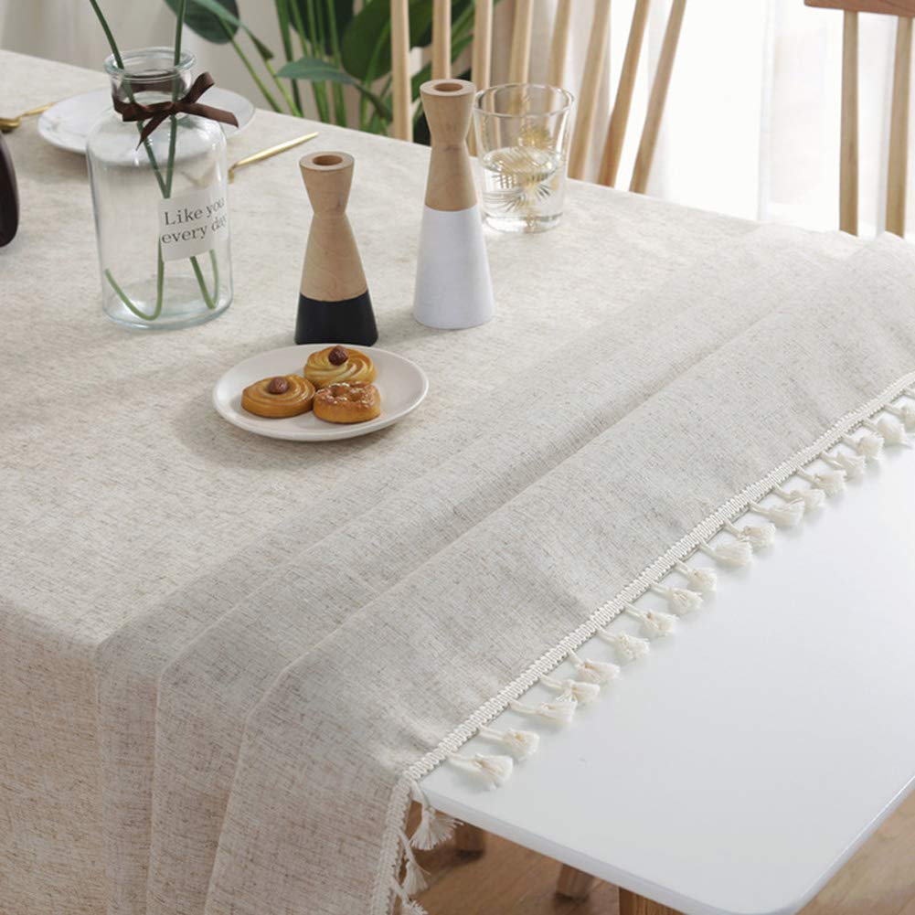 AMZALI Washable Cotton Linen Tablecloths Fabric Tassel Tablecloth Dust-Proof Table Cover for Kitchen Dinning Tabletop Home Decoration Everyday Use (Rectangle/Oblong  55 x 102 Inch  Linen)