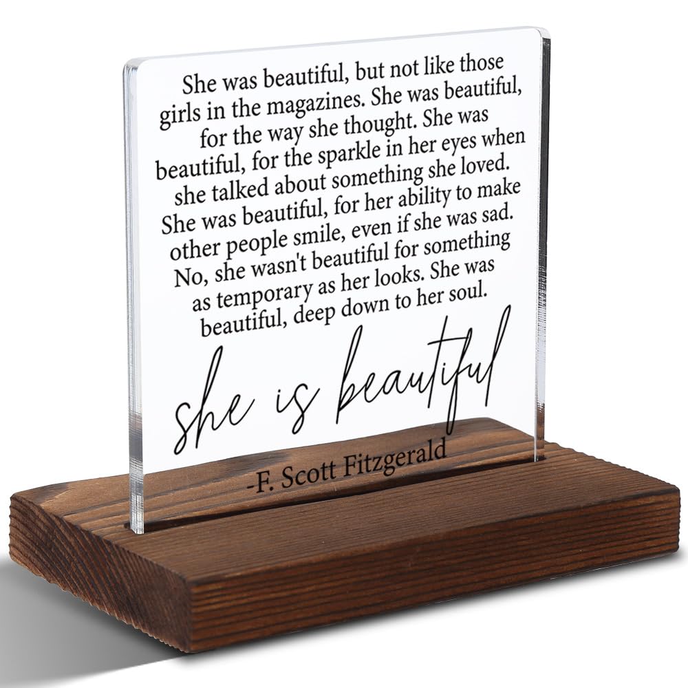 She Is Beautiful Inspirational Quote Plaque, F. Scott Fitzgerald Wall Art Gift for Women, Deep Meaning Soulful Beauty Sign, 4x4 