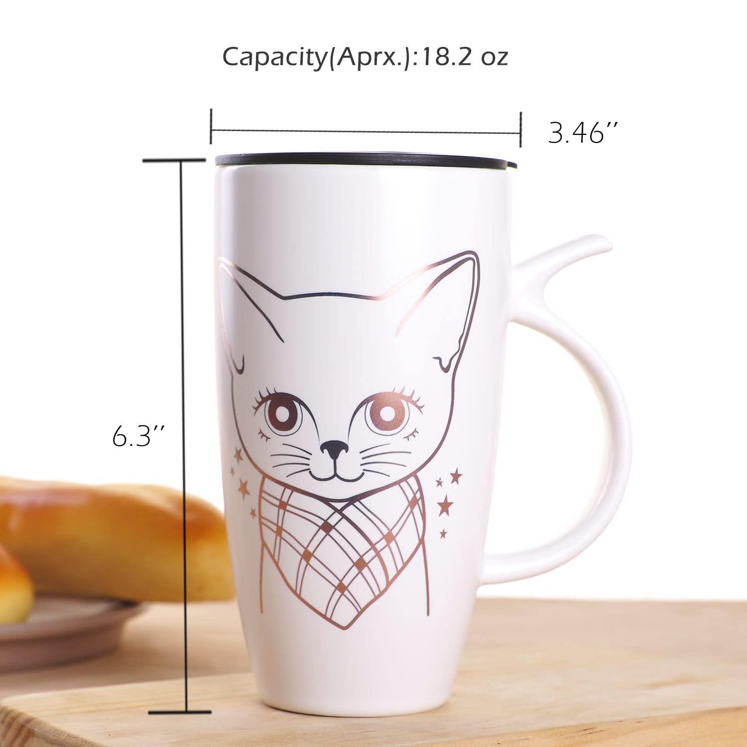 WHJY 20oz Large White Cute Cat Ceramic Coffee Mug with splash-proof lid, Cat Tail Handle, Animal Cat Mug Tumbler