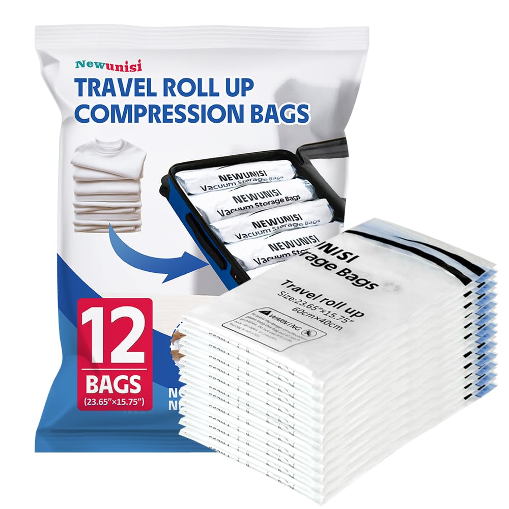 12 Pack Travel Compression Bags, Travel Roll Up Reusable Travel Space Saver Vacuum Storage Bags For Luggage, Camping, And Storag