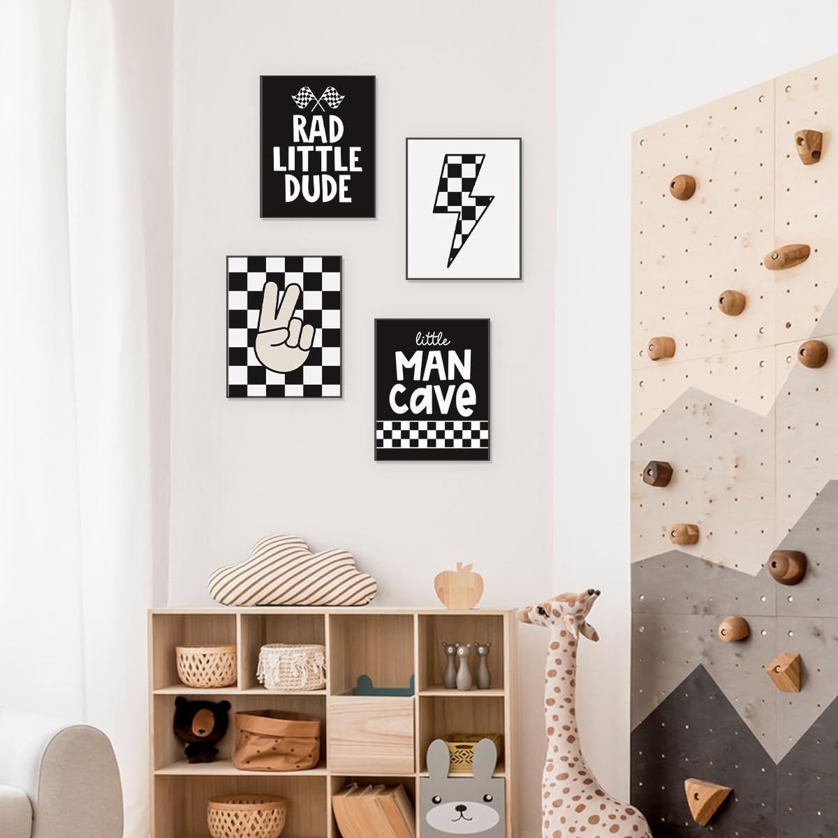 PLKMN Little Dude Prints Set of 4, Retro Black Buffalo Plaid Wall Art, 8x10 Inch, Unframed, Model LH-55, Preppy Peace Decor