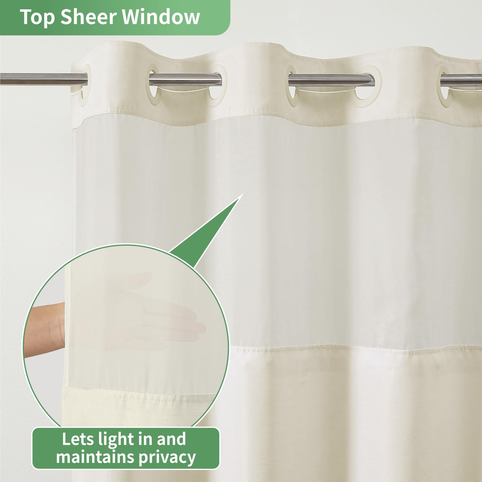 Eachope Cream Long No Hook Shower Curtain With Snap-In Fabric Liner Set,Slub Textured Fabric Shower Curtains For Bathroom,Hotel