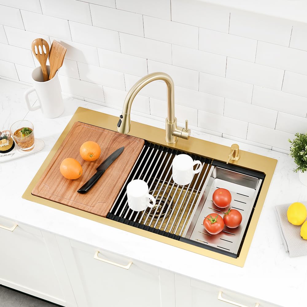 Boomhoze 33 Inch Gold Drop In Kitchen Sink, 33X19 Top Mount Kitchen Sink 16 Gauge Stainless Steel Single Bowl Large Kitchen Sink