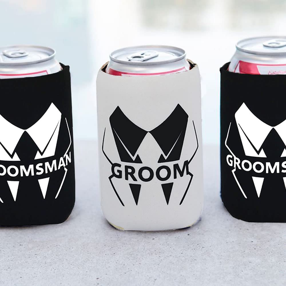 Lady&Home Set Of 7 Groom And Groomsman Can Coolers, Can Sleeve Favors For Bachelor Party And Wedding Party (Squiggles)