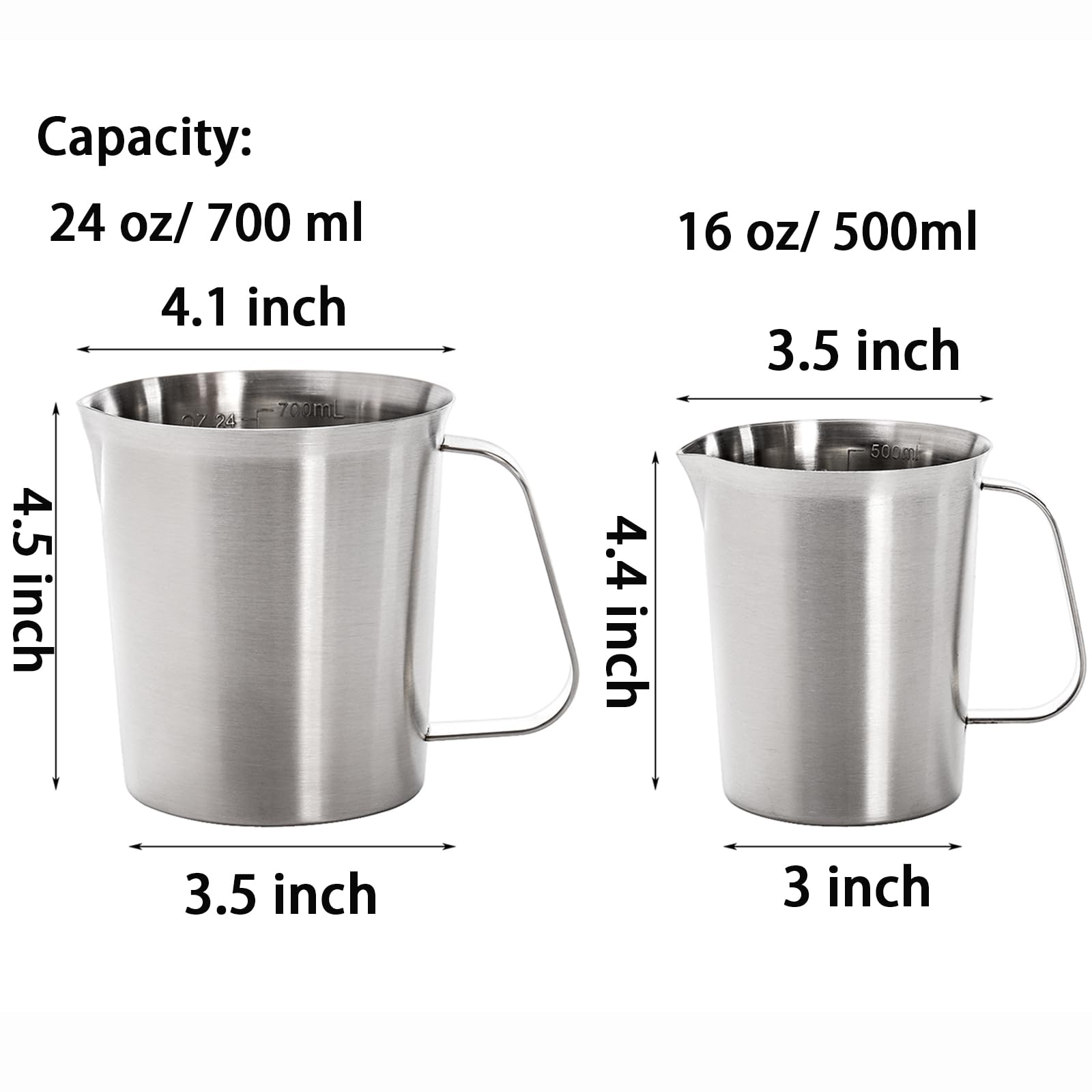 Topzea Set Of 2 Measuring Cup With Handle, 18/8 Stainless Steel Baking Measuring Pitcher 16 Oz & 24 Oz Coffee Milk Frothing Cup