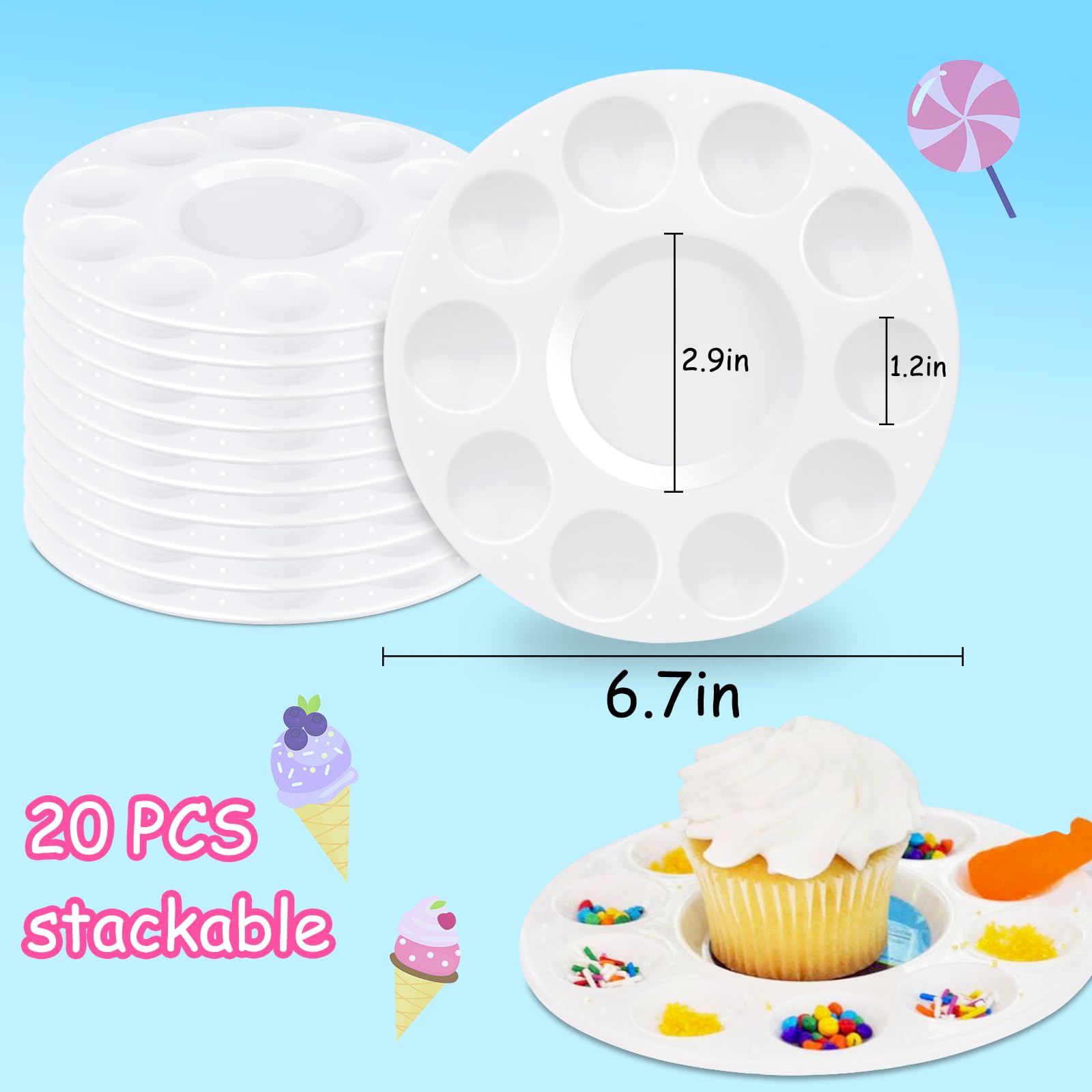 Aiersa Cupcake Decorating Plates For Kids Party, Kids Cupcake Holder Decorating Tray With 10 Wells For Dessert Sprinkles, Kids B
