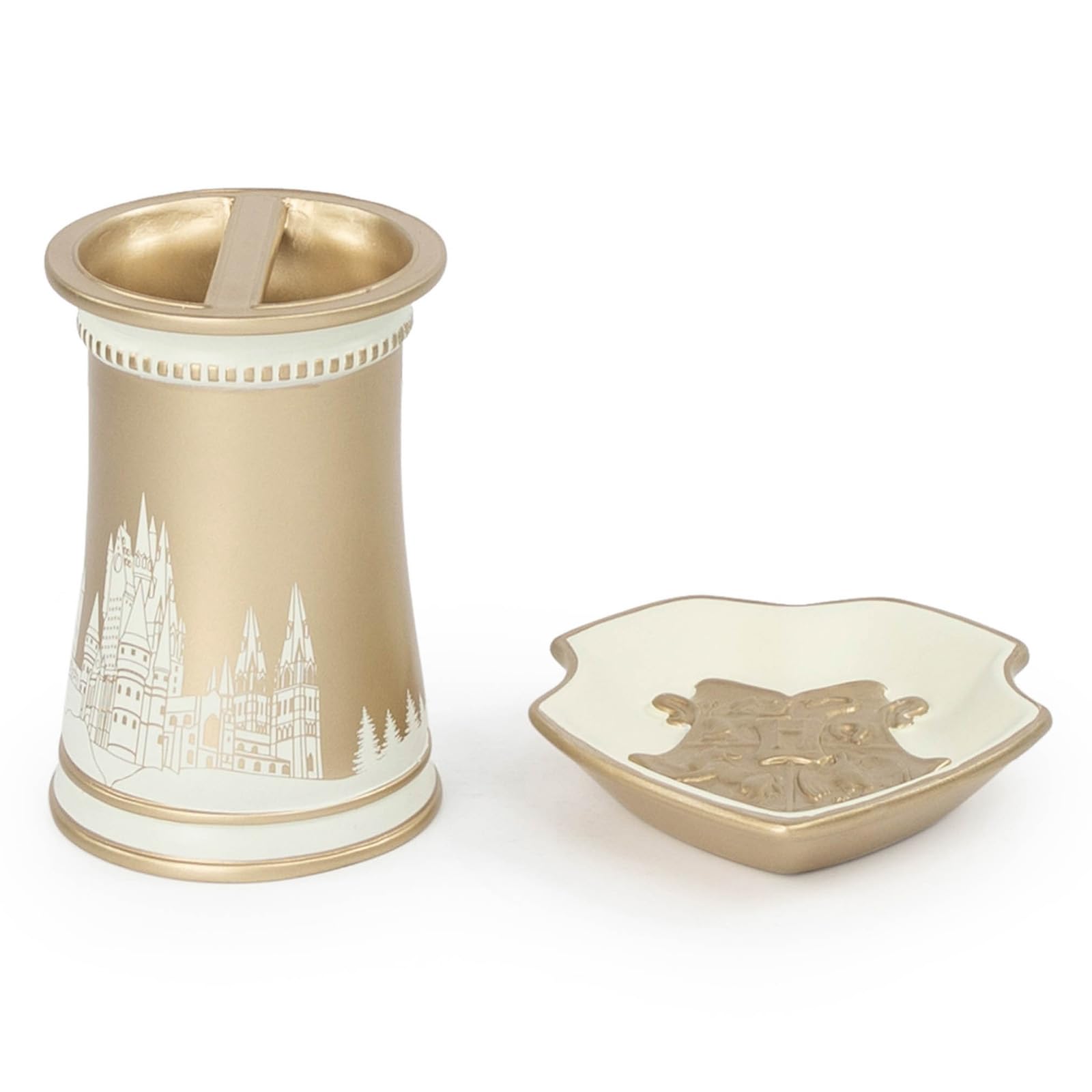 Jay Franco Harry Potter Bathroom Accessories - 2 Piece Gold Hogwarts Crest Resin Bathroom D  Cor And Storage Set Includes Toothb