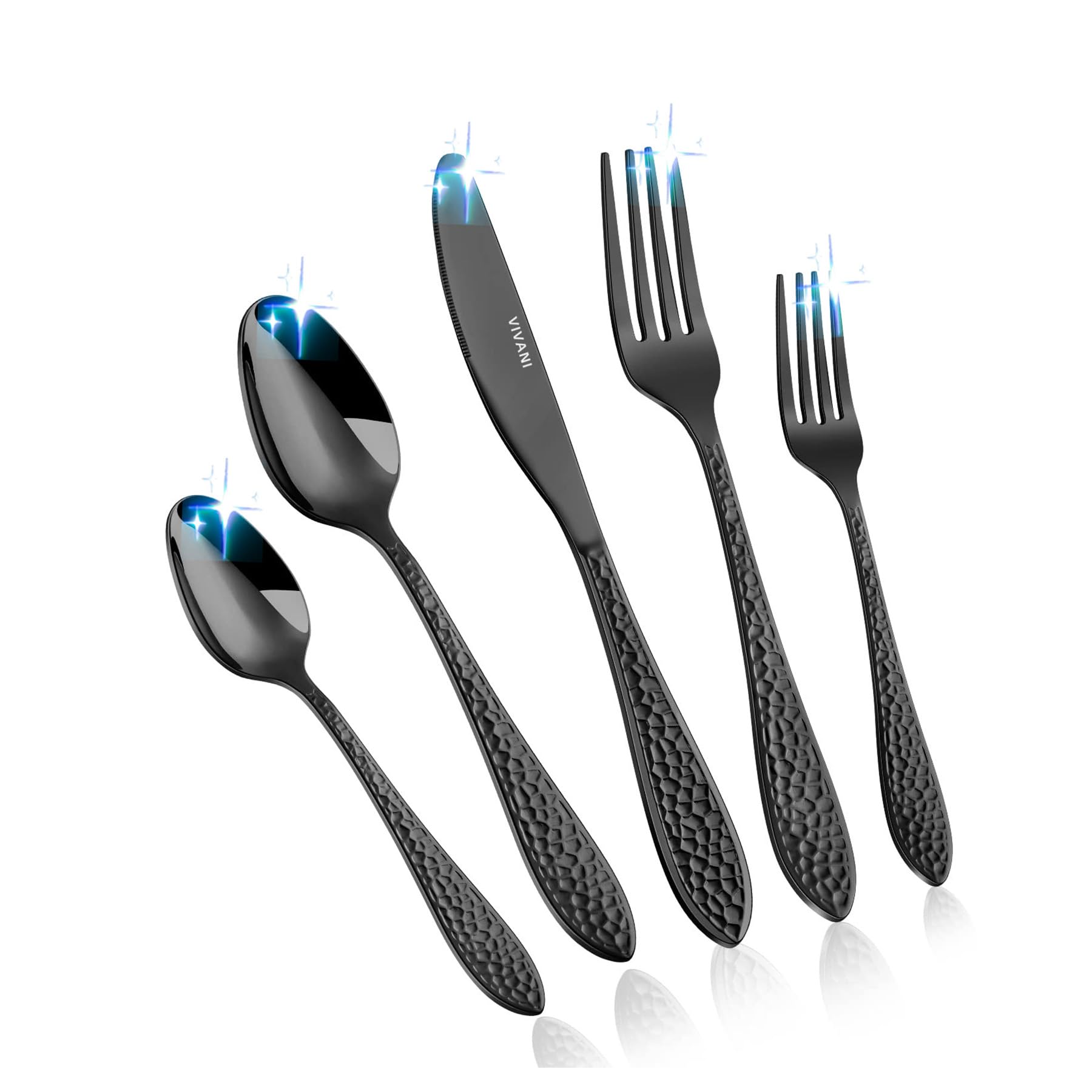 Vivani Arlox 40-Piece Black Silverware Set For 8, Stainless Steel Utensils Set, Hammered Black Flatware Cutlery Set, Mirror Poli