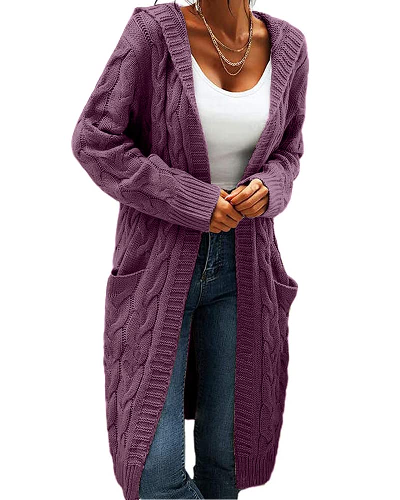 Women Hooded Open Front Cardigan Cable Knit Sweaters Solid Color Chunky Long Sweater Coats Purple