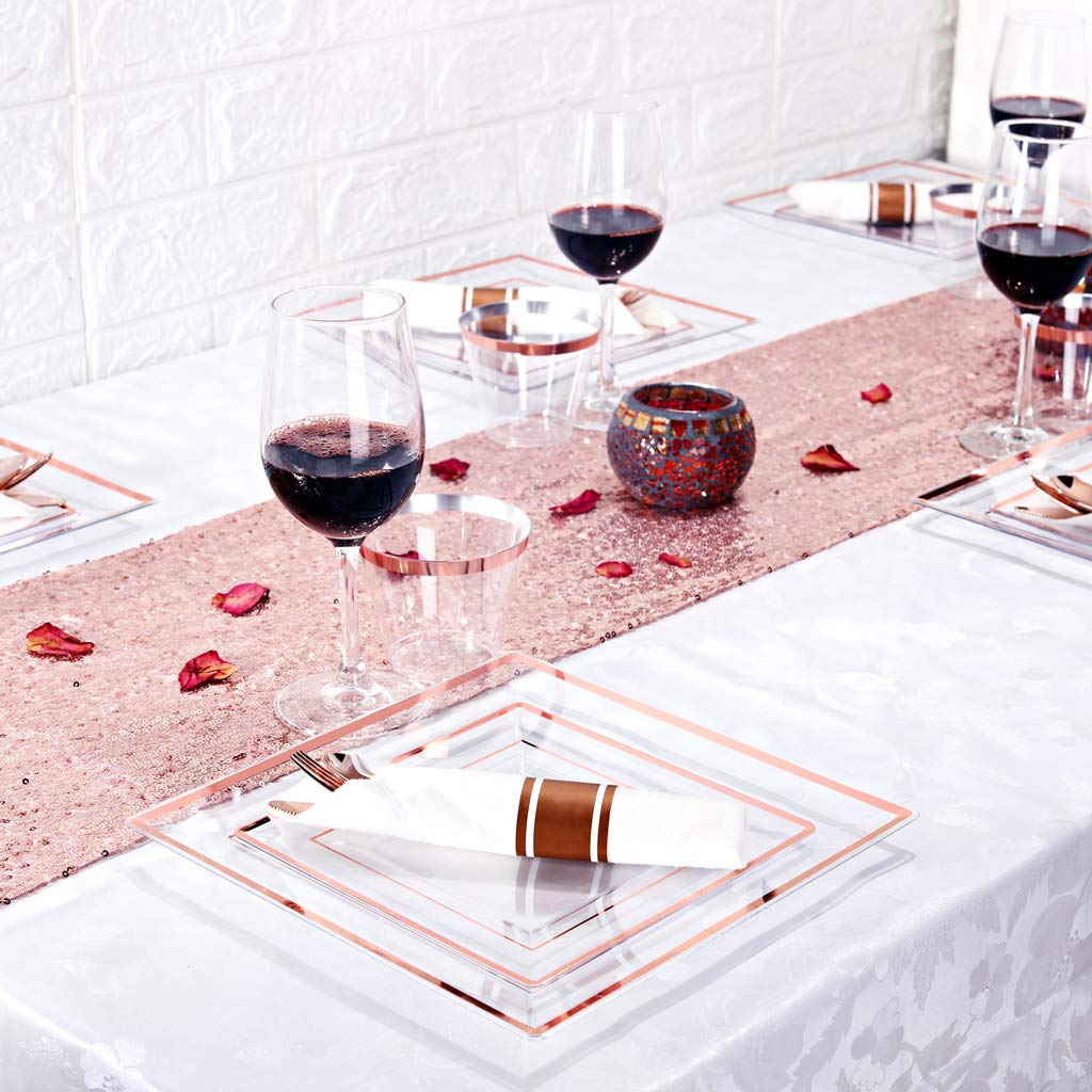 Wellife 350 Pcs Valentines Rose Gold Square Plastic Plates, Disposable Rose Gold Dinnerware Set, Includes: 50 Dinner Plates10.25