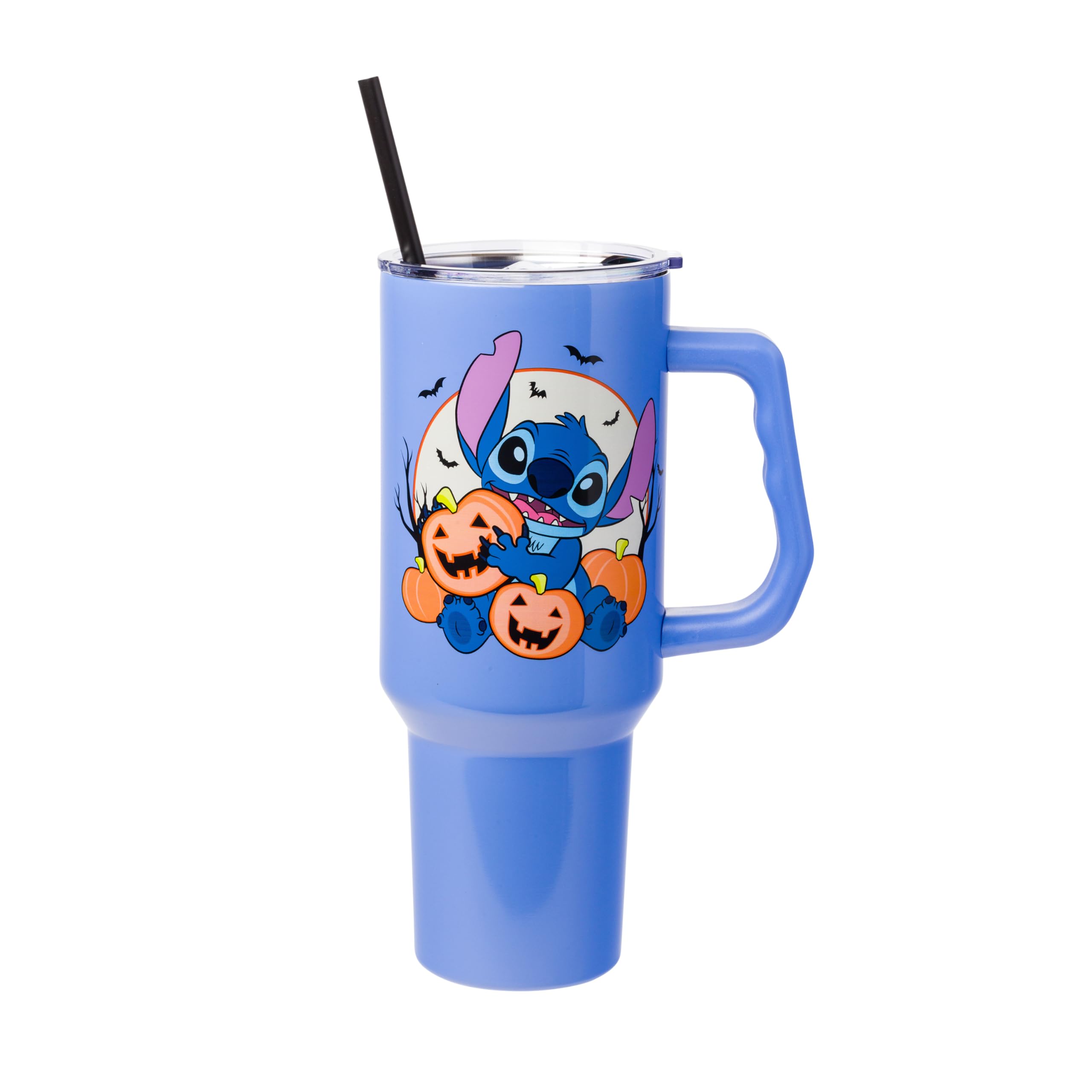 Silver Buffalo Disney Lilo And Stitch Halloween Spooky Pumpkin Jack-O-Lantern Stainless Steel Tumbler With Handle And Straw, Fit