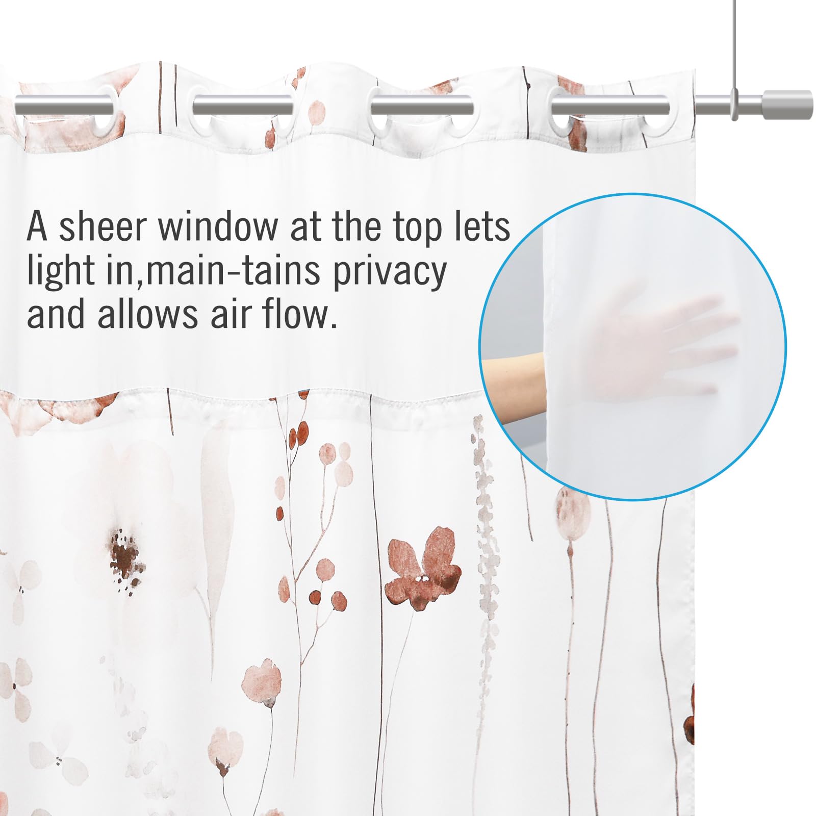 Withloc No Hook Shower Curtain With Snap In Liner - Floral Shower Curtain - Fabric Waterproof Inner Liner, Plants Watercolor Blu