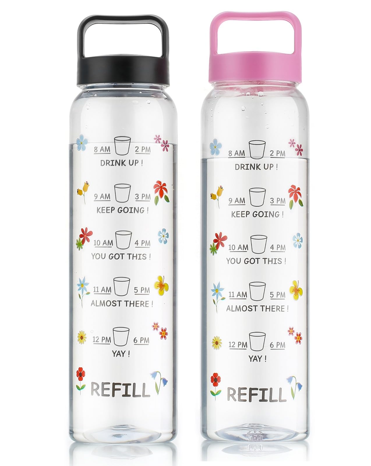 Clazkit Plastic Motivational 1000Ml Water Bottle Black & Pink - Time Markers & Inspirational Slogans Mentioned Encourages More W