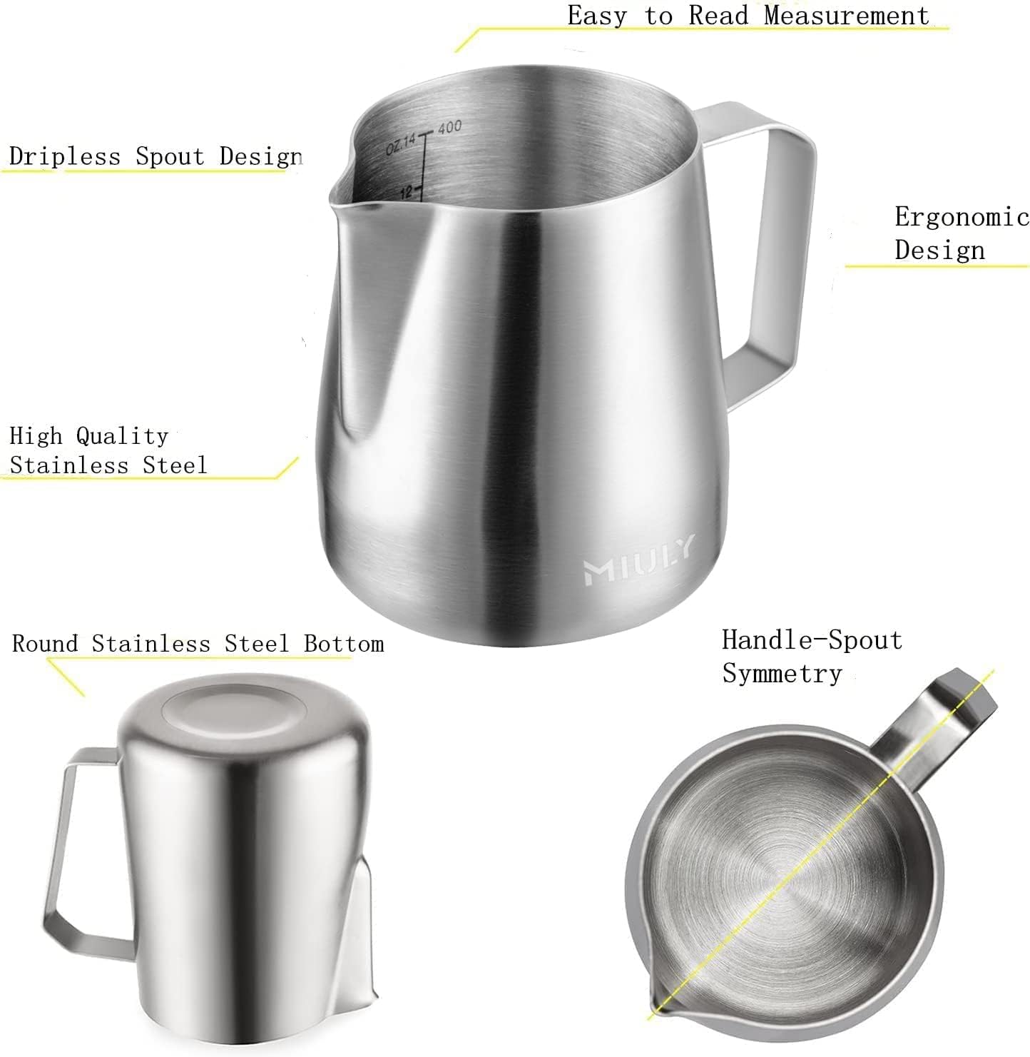 Miuly Milk Frothing Pitcher, 14Oz/420Ml Milk Frother Cup 304 Stainless Steel Steaming Pitcher With Internal Scale, Espresso Acce