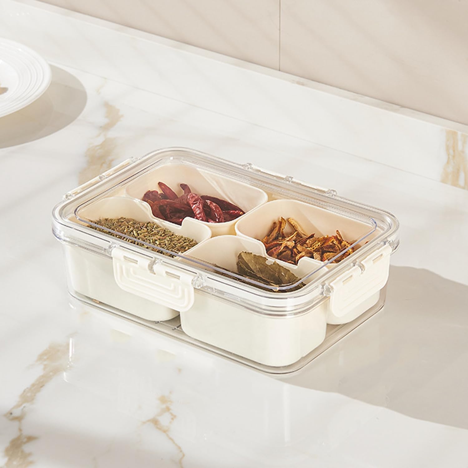 Treviah 4 Compartment Masala Box With Airtight Lid, Transparent Spice Storage Container, Kitchen Seasoning Organizer For Salt, P