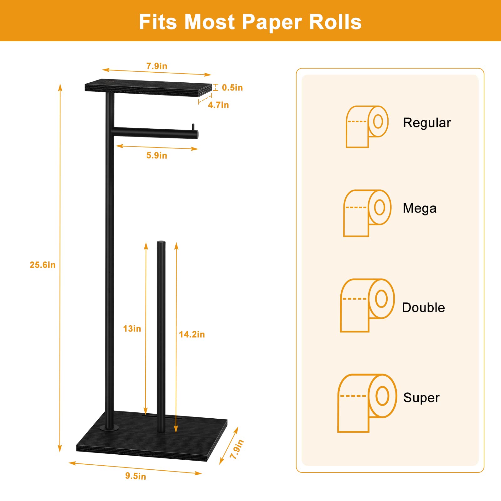 Toilet Paper Holder Free Standing Black Bathroom Toilet Paper Holder Stand With Storage Shelf, Freestanding Roll Tissue Holders