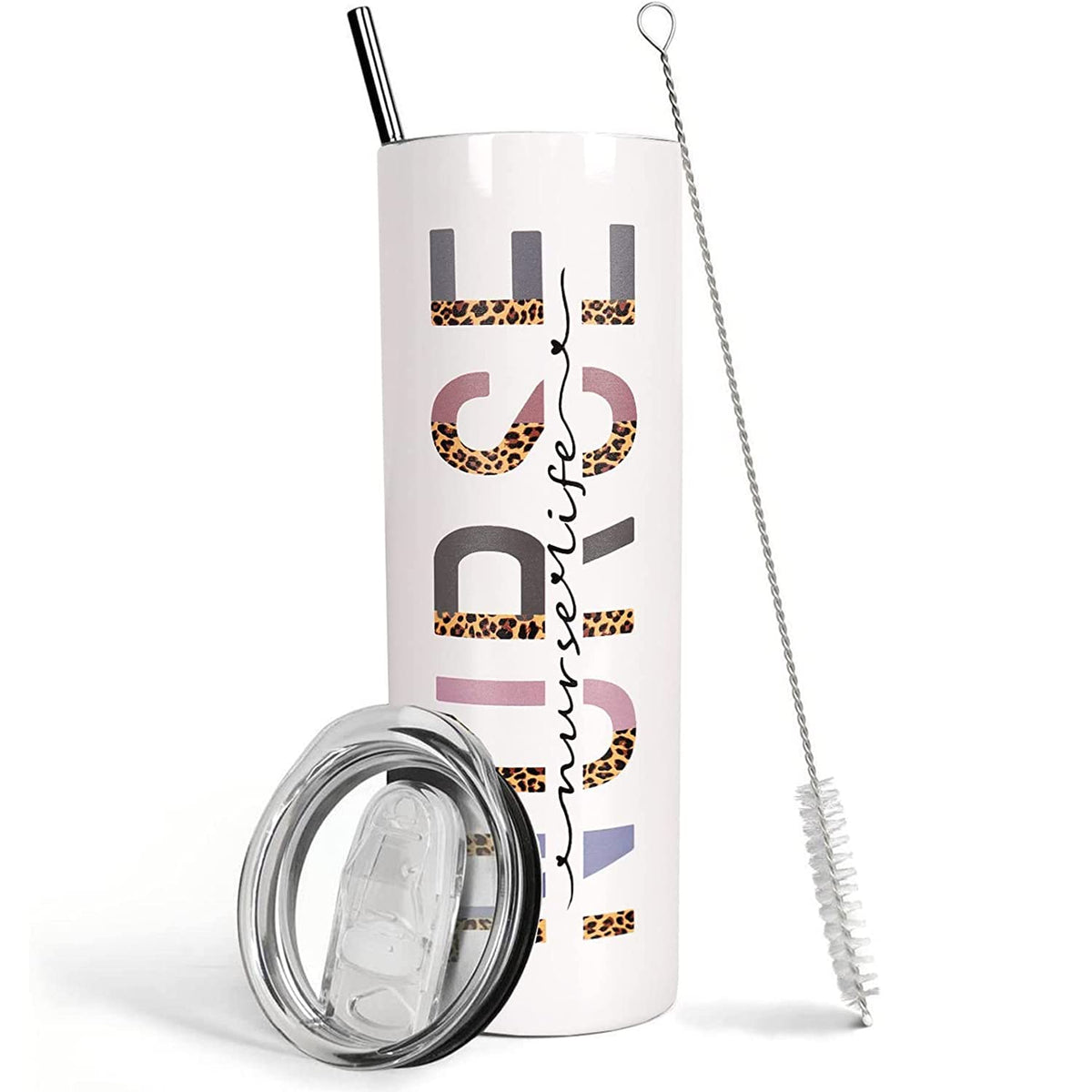Nurse Tumbler With Lid And Straw,Nurse Life Cup School Leopard Nurse Coffee Mug,Cup,Water Bottle,Skinny Tumbler,Nurse Gifts For