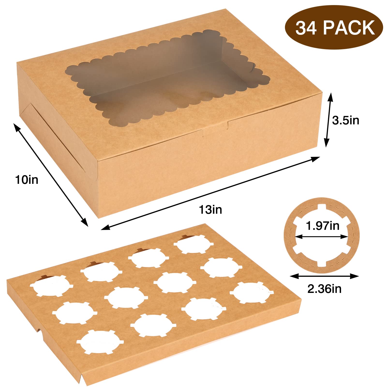 Moretoes Cupcake Boxes - 34 Pcs Brown Kraft Bakery Carrier with Windows for Cupcakes, Muffins & Pastries, Model Moretoes2022062402
