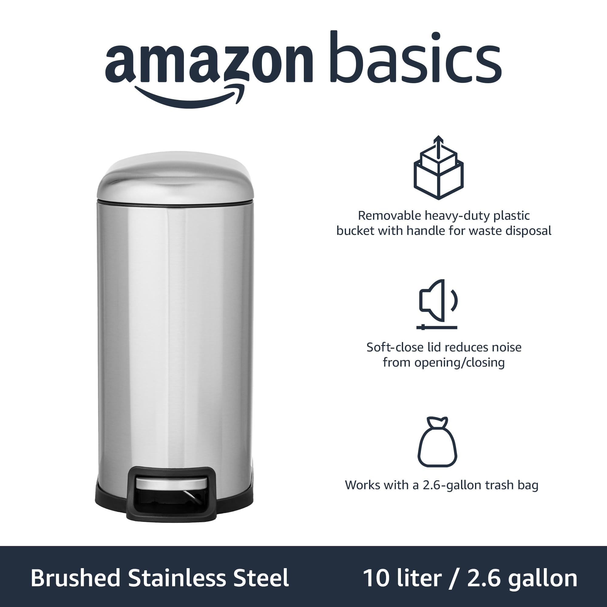 Amazon Basics Smudge Resistant Small Rectangular Trash can With Soft-close Foot Pedal For Narrow Spaces  10 Liter26 gallon  Brushed Stainless Steel