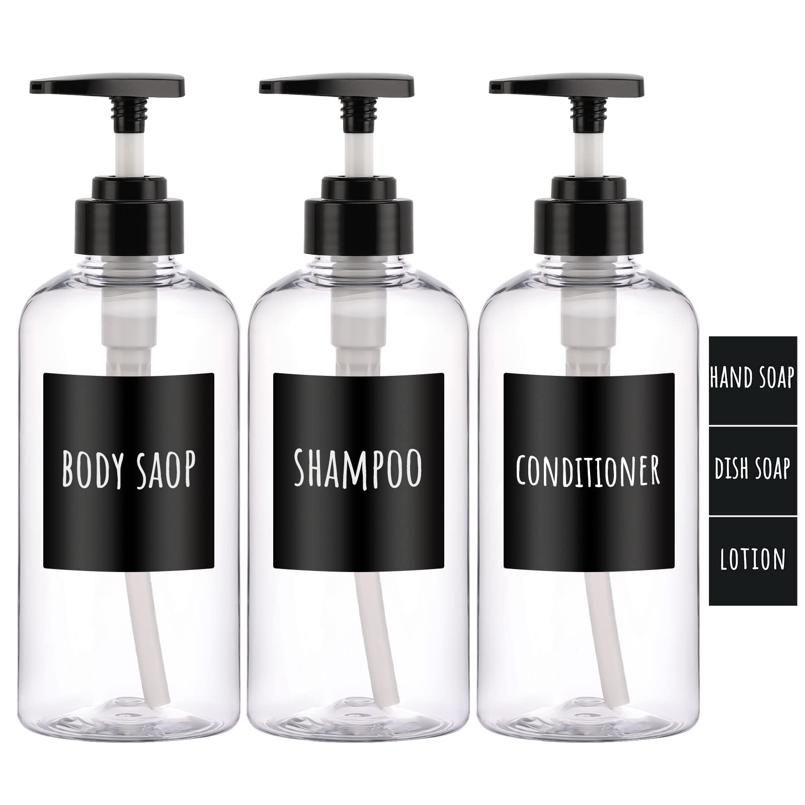 Shampoo Bottles With Labels, Segbeauty 3Pcs 16.9Oz/500Ml Plastic Pump Bottle Dispenser, Empty Refillable Shower Lotion Body Soap