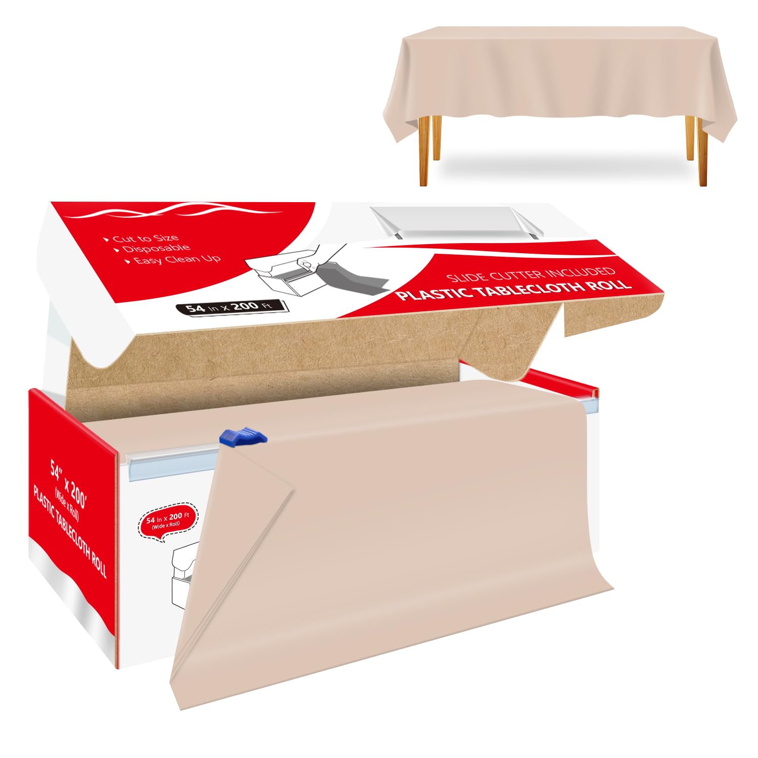Xnluothsk 54 Inch x 200 Feet Beige Plastic Tablecloth Roll Cut to Size Disposable Table Cover with Cutter Box Plastic Table Clot
