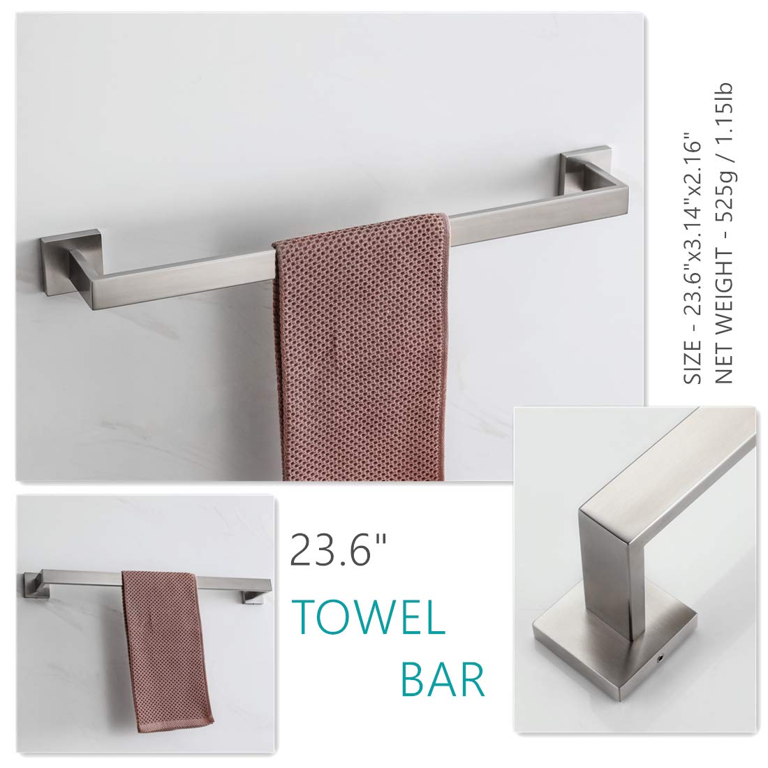 VELIMAX Premium Stainless Steel 4 Pieces Bathroom Hardware Accessories Set Wall Mounted Towel Bar Set  Brushed  23.6-Inch