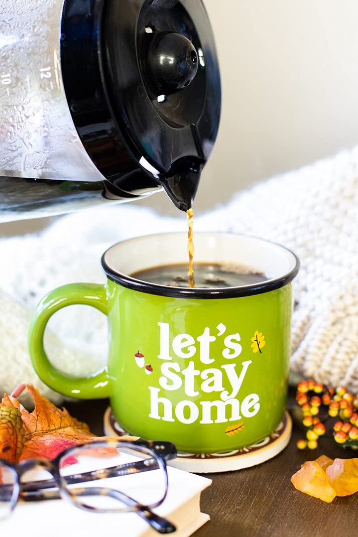 Pearhead Lets Stay Home Ceramic Mug, Autumn Accessories, Fall Holiday Kitchen Decor, Coffee or Tea Cup, Green, 15oz