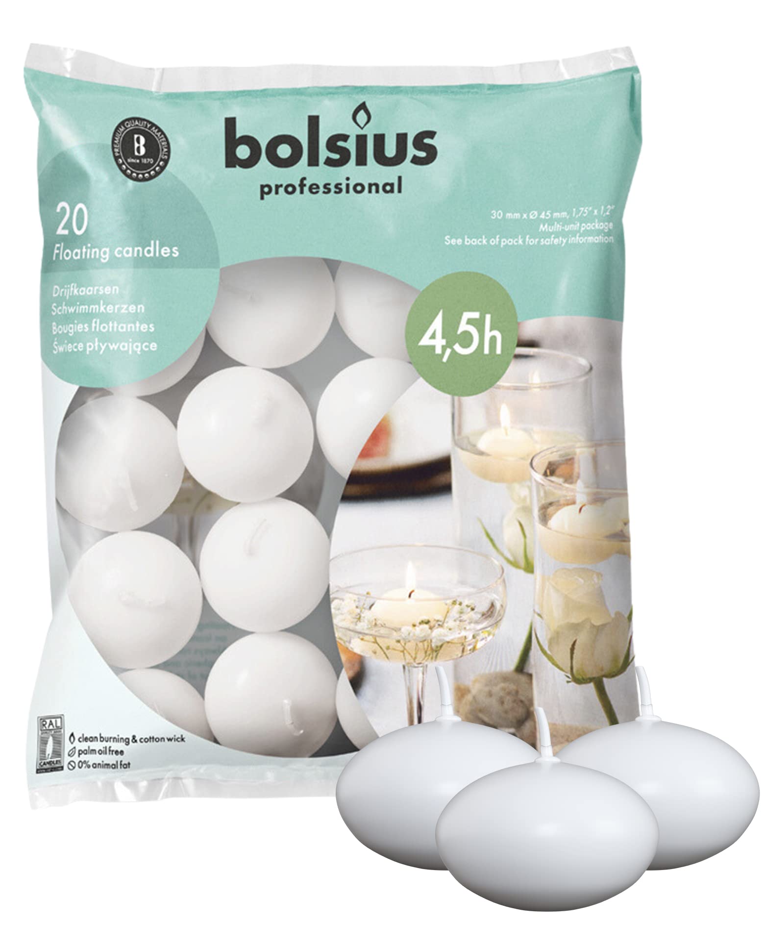 Bolsius White Floating Candles 175 Inch - 20 Pack Candle Set - 5+ Hours Burn Time - Premium European Quality - Smokeless & Dripl