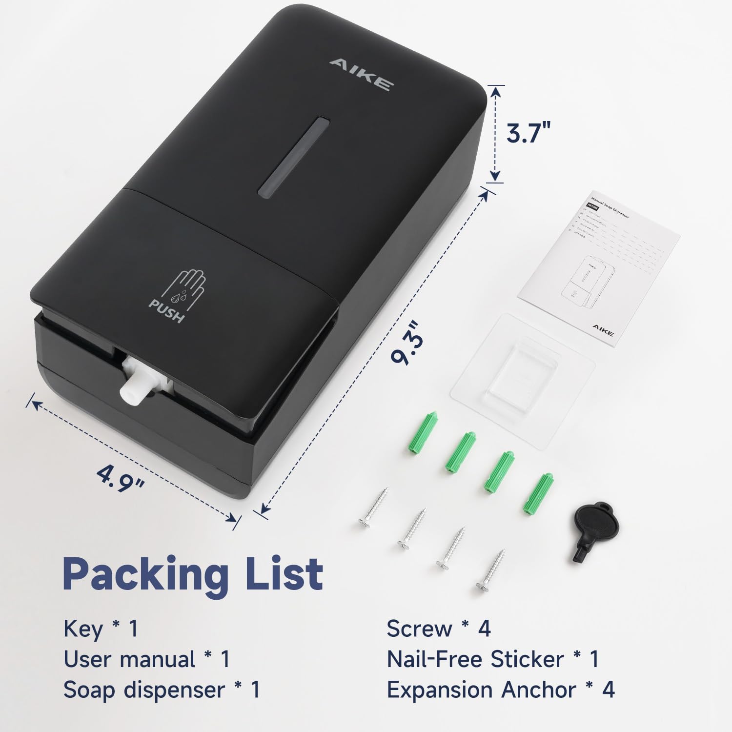 Aike Wall Mount Liquid Soap Dispenser For Commercial Bathroom 27Oz Large Capacity Manual Push Pump Black