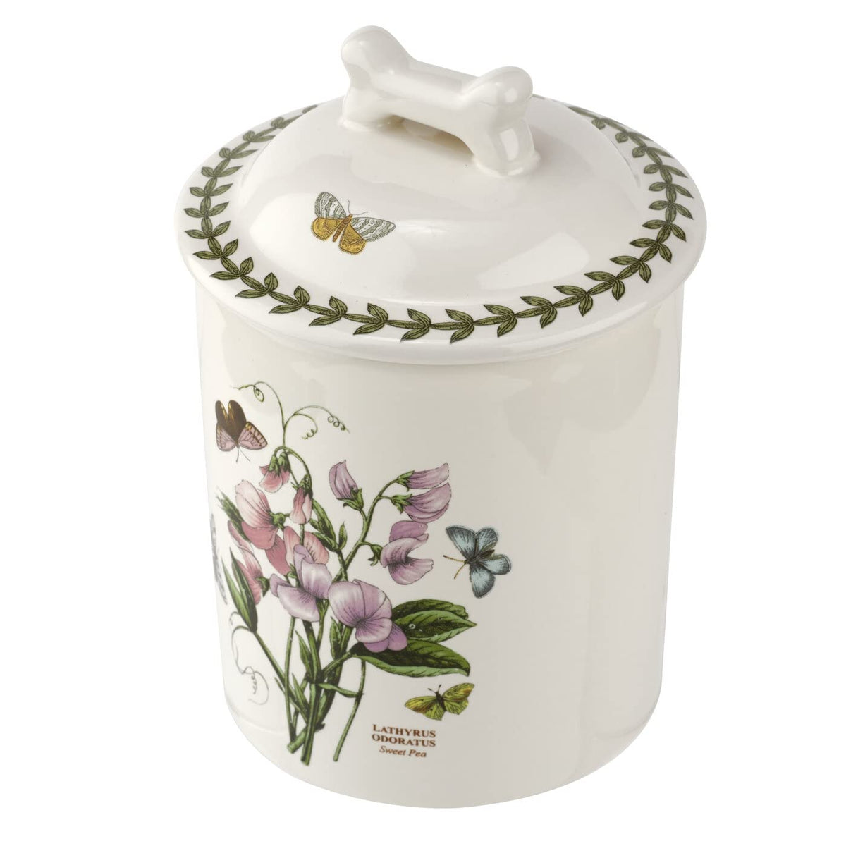 Portmeirion Botanic Garden 7'' Pet Treat Jar With Lid | Sweet Pea Motif | Bone Shaped Handle | Fine Porcelain | Dishwasher, Micr