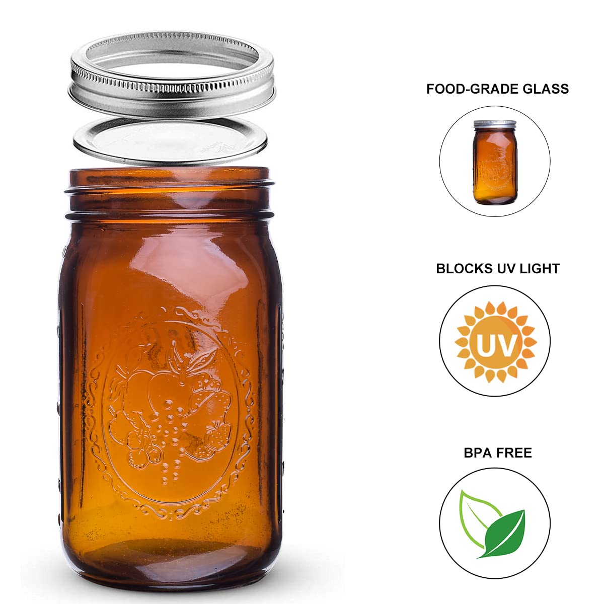 Eleganttime Amber Glass Mason Jars 32 Oz Wide Mouth With Airtight Lids And Bands 6 Pack Large Glass Canning Mason Jars Quart,Gre