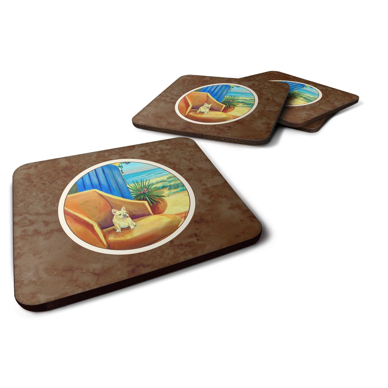 Carolines Treasures French Bulldog At The Beach Cottage Foam Coasters (Set of 4), 3.5, Multicolor