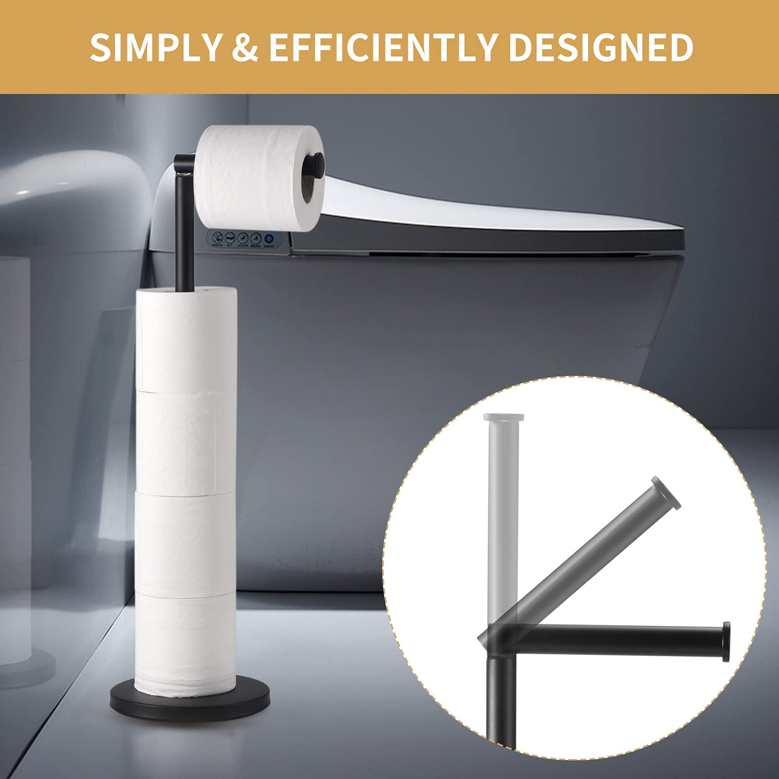 LAYUKI Toilet Paper Holder Stand Free Standing Toilet Paper roll Holder with Storage  Matte Black Extra Roll Available Heavy Base Stainless Steel Rustproof