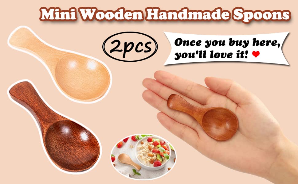 Akoak 2 Pcs Mini Wooden Spoon With Short Handle, Perfect Small Jar Of Jam, Spices, Condiments, Sugar, Honey, Tea Coffee Spoon, K