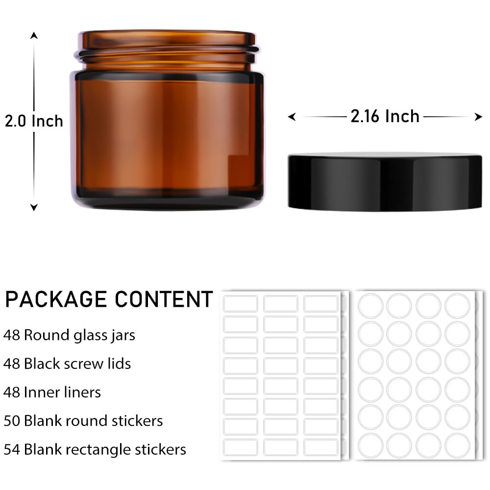Bumobum 2 Oz Glass Jars With Lids, 48 Pack Round Small Containers With White Lids, Blank Labels & Inner Liners, Empty Cosmetic C