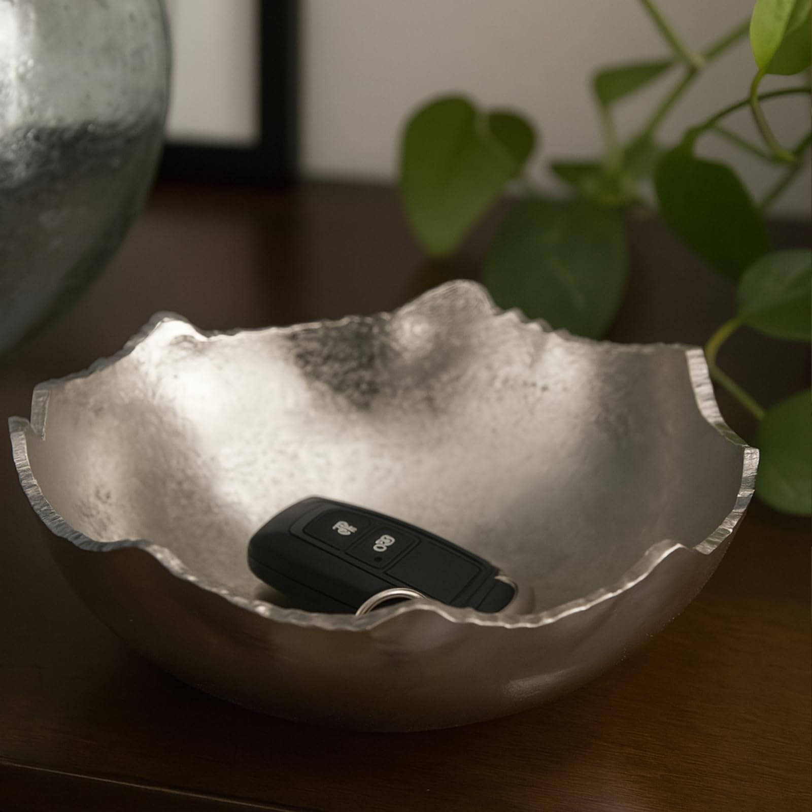 Decorative Silver Moon Decorative Metal Torn Hammered Asymmetrical Centerpiece Bowl
