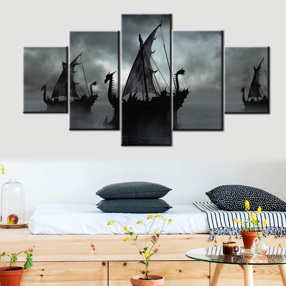 Norse Decor Black And White Painting Vikings Ship Artwork Fantasy Sailing Boat Pictures For Living Room Home 5 Panel Dragon Canv