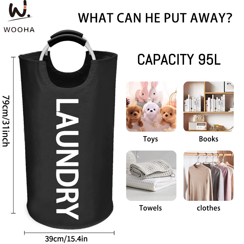 Wooha 95L Large Laundry Baskets, Tall Clothes Baskets Folding Washing Bin Foldable Fabric Hamper Bags For Bedroom, Closet,Bathro