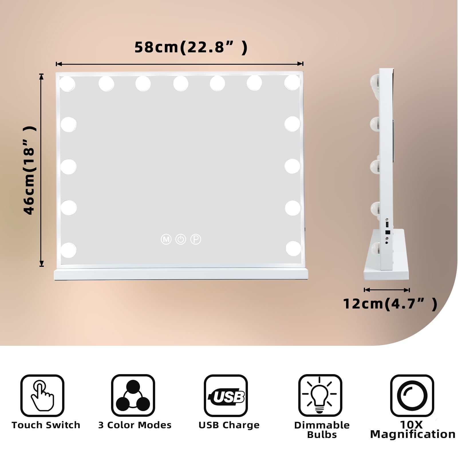 Fenair Vanity Mirror with Lights 22.8''x 18.1'' Makeup Mirror with Lights and 15 Dimmable Bulbs 3 Colors Modes Hollywood Mirror with USB Charging Port and 10X Detachable Magnification Mirror White