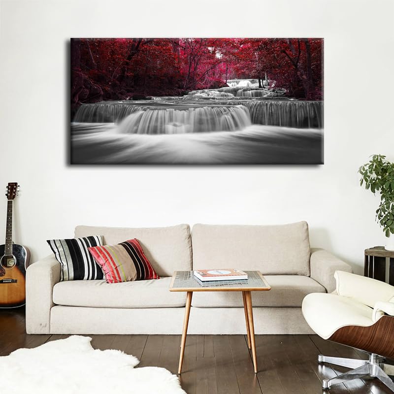 Home Wall Art D  Cor Of Wide Waterfall And Red Leaves,Maple Leaves Canvas Prints Pictures Painting Artwork,Beautiful Black White