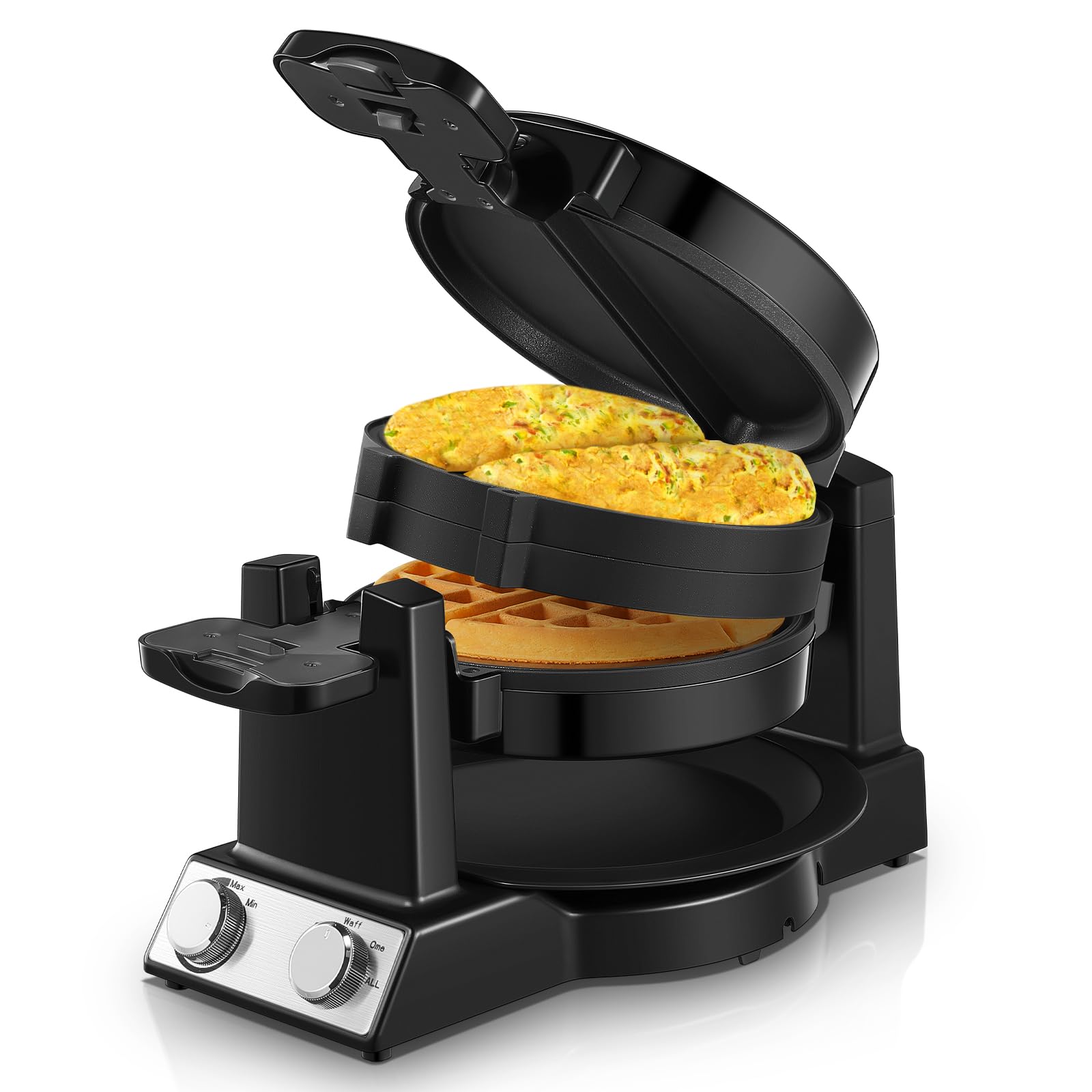 FOHERE 2-in-1 Omelette Maker&Waffle Maker, 1400W Omelet Waffle Maker 180 Flip, Adjustable Browning Control, Non-Removable & Nons