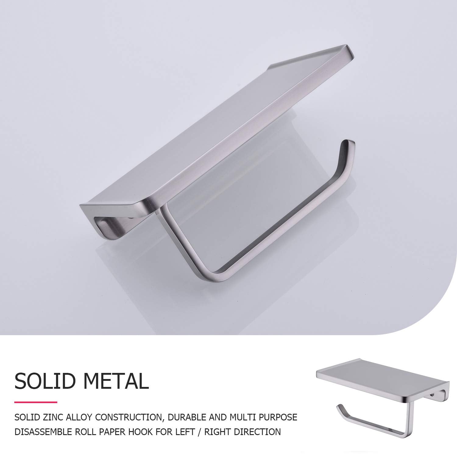 Toilet Paper Holder with Phone Shelf Solid Metal Bathroom Wall Mounted Tissue Roll Dispenser Storage  Brushed Nickel