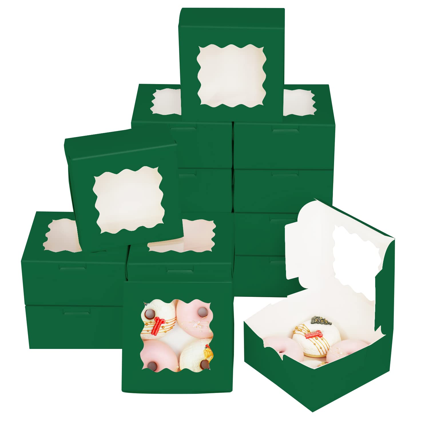 Bakepacker 60Pcs Deep Green Cookie Boxes 6X6X3 Inches Easy Assemble Macaroon Pastry Boxes Bakery Boxes With Window For Bakery