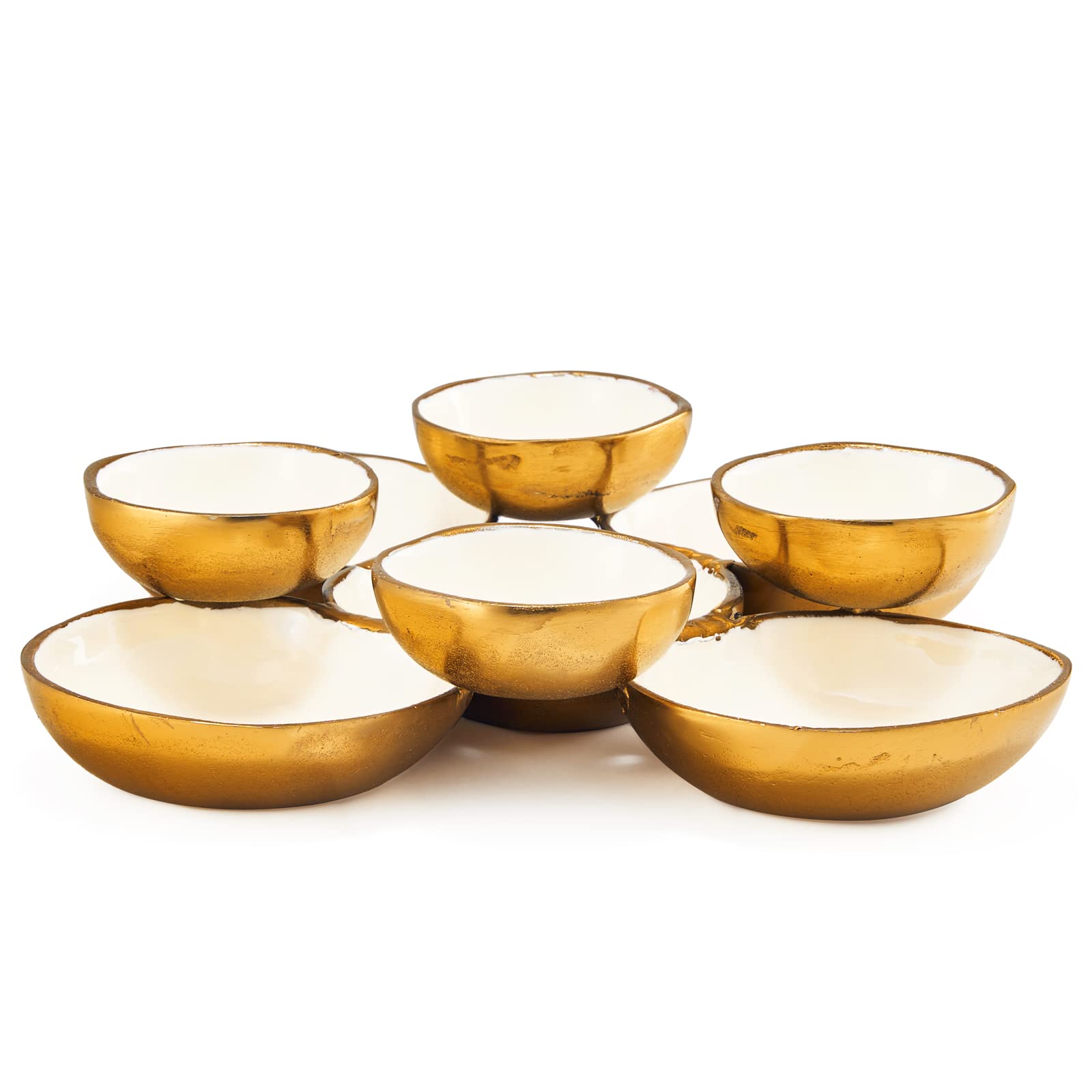 Cluster of 9 Round Serving Bowls Decorative Bowls Gold & White, Brass