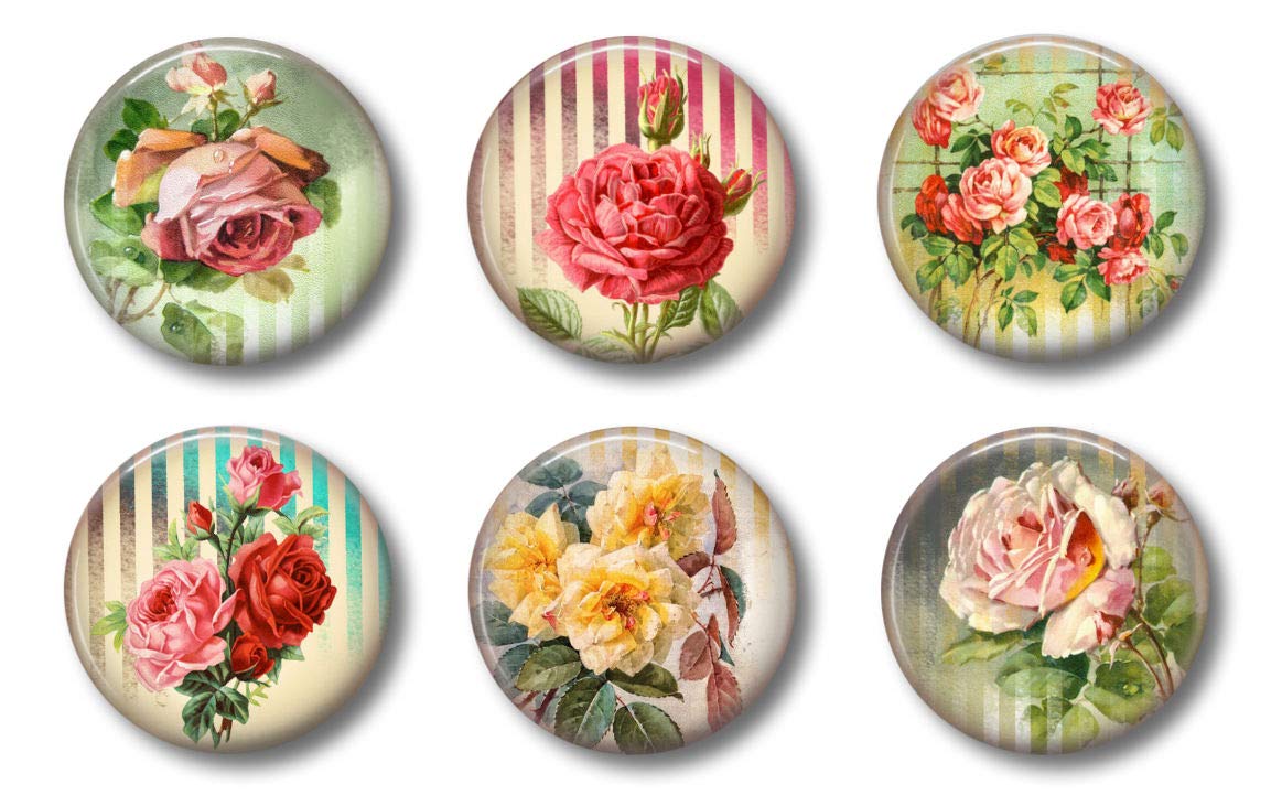 Shabby Chic Farmhouse Magnets - Victorian Roses Flowers - Set Of Six 1.75'' - Whiteboard Office Or Fridge - Gift Set (Victorian