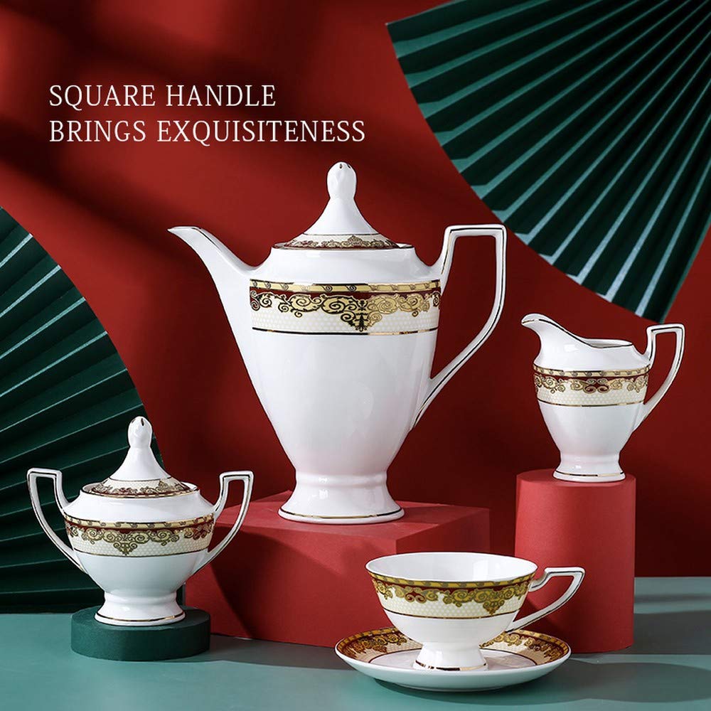 Porlien Exquisite Bone China 17-Piece Tea Set For 6, Porcelain Tea Set With Teapot, Red Pattern Trimmed With Gold